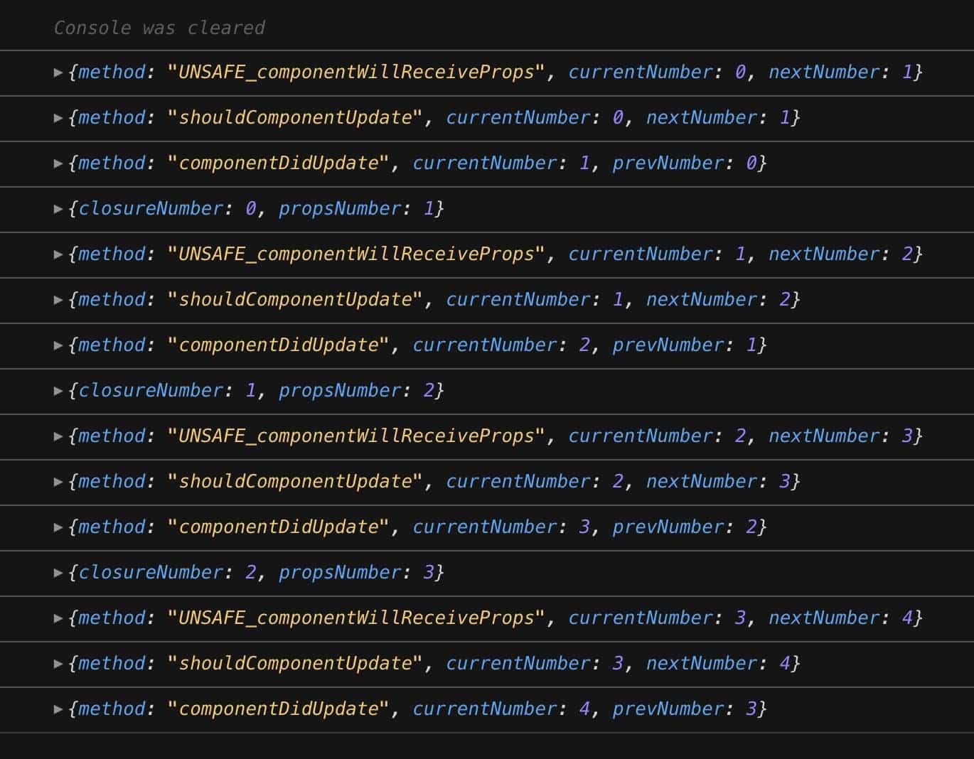 Lifecycle flow with changes of the number property captured in console logs after migration to componentDidUpdate